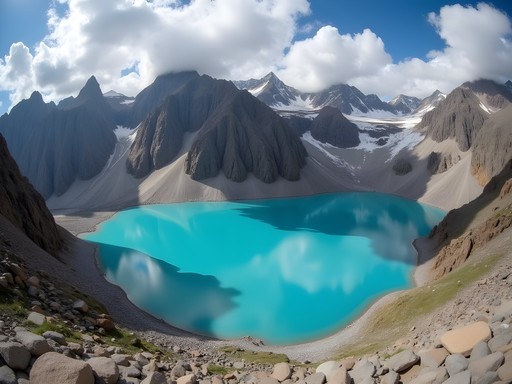 Turquoise waters of Ala-Kol Lake surrounded by dramatic mountain peaks in Kyrgyzstan