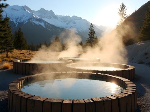 Wooden hot spring pools at Altyn Arashan with steam rising and mountain views in Kyrgyzstan