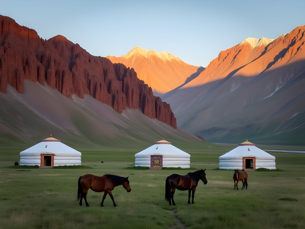 Red sandstone formations of Jeti-Oguz valley with traditional yurts and grazing horses in Kyrgyzstan