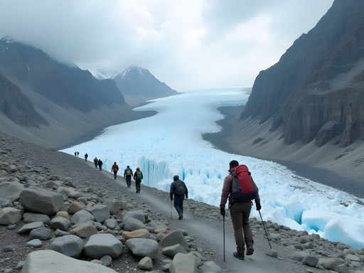 Trekkers crossing rocky moraine with view of Karakol Glacier and towering peaks in Kyrgyzstan