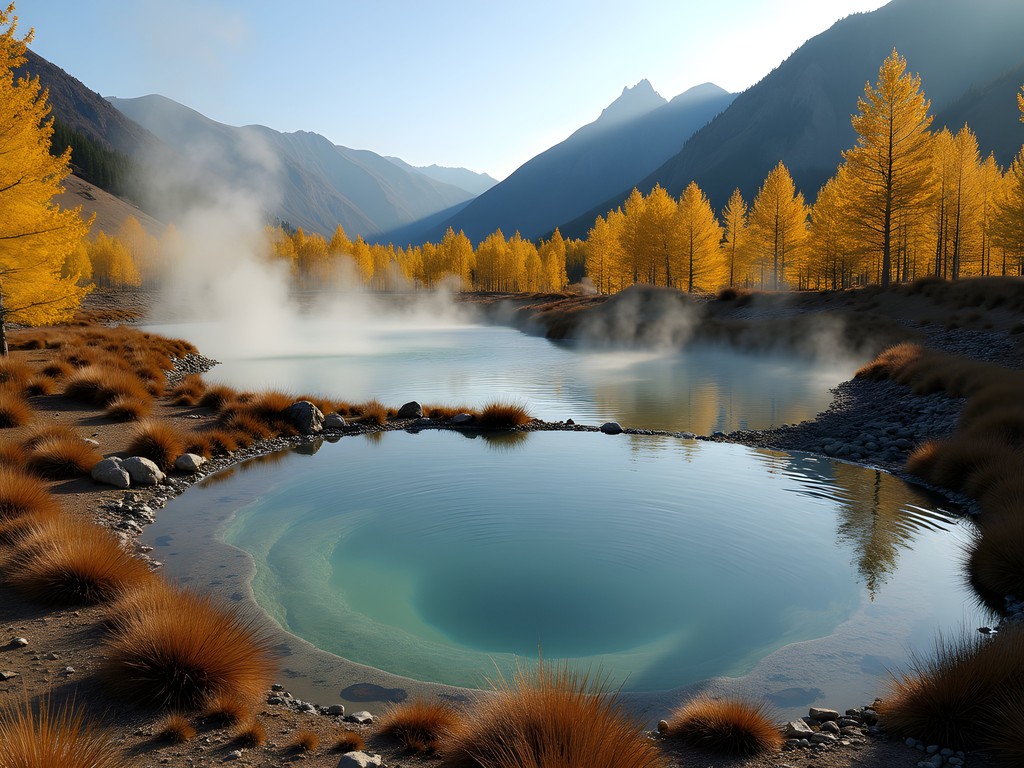 Natural hot spring pools with steam rising surrounded by golden autumn larch trees in Kyrgyz mountains