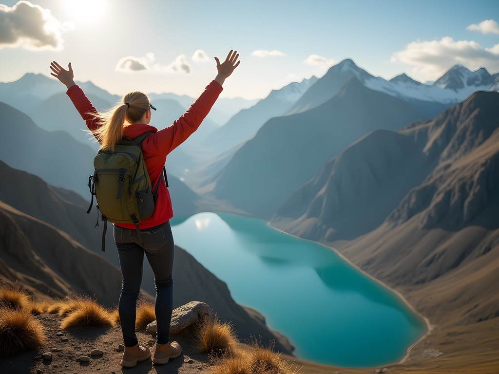 Female hiker celebrating at Ala-Kol Pass with panoramic mountain views in Kyrgyzstan