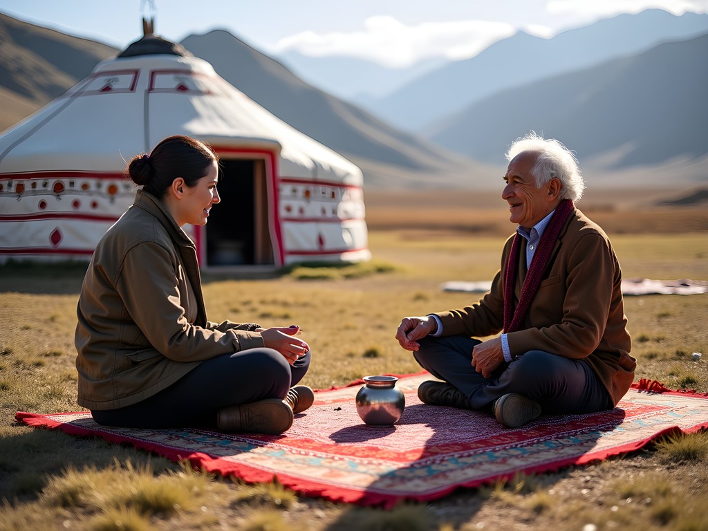 Female traveler sharing tea with Kyrgyz nomadic family outside traditional yurt in mountain setting