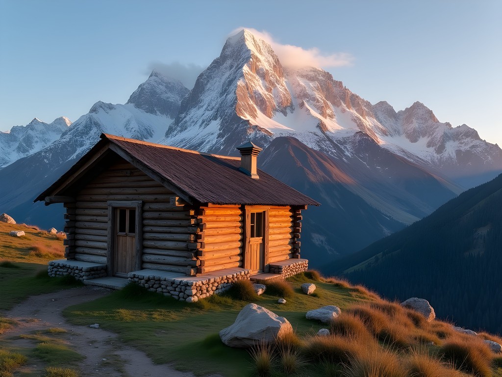 Rustic wooden Sirota Mountain Hut at sunrise with snow-capped Karakol Peak in background, Kyrgyzstan