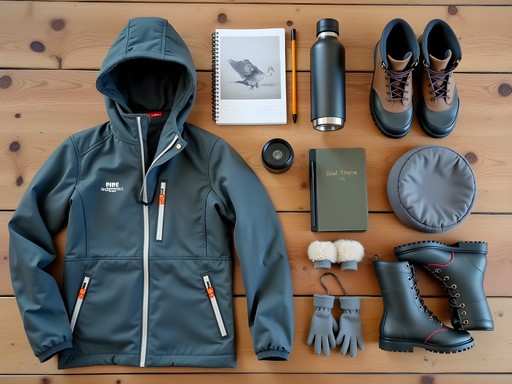 Essential gear laid out for sandhill crane viewing including binoculars, layers of clothing, and thermos