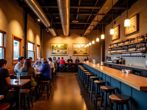 Cozy interior of Thunderhead Brewing Company in downtown Kearney with crane-themed decor