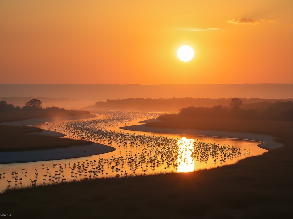 Thousands of sandhill cranes roosting on sandbars in the Platte River at sunset