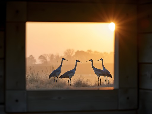 Wooden viewing blind at Rowe Sanctuary with sandhill cranes visible through openings