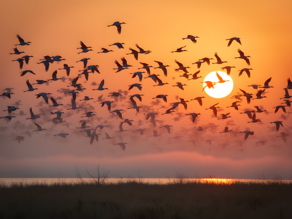 Dramatic mass takeoff of thousands of sandhill cranes at sunrise over the Platte River