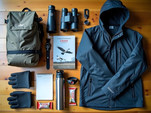 Organized layout of essential gear for Sandhill Crane viewing in Nebraska