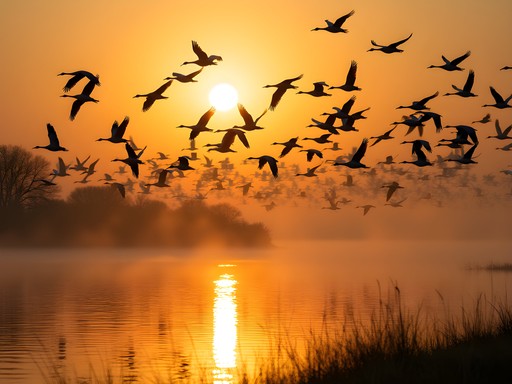 Sandhill Cranes taking flight at sunrise from the Platte River