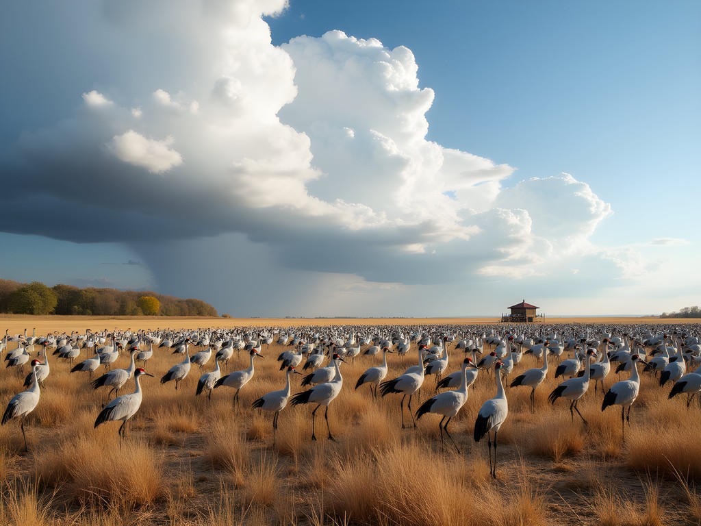 Thousands of Sandhill Cranes feeding in a Nebraska cornfield with observation tower in background