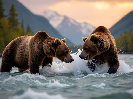 Brown bears fishing for salmon in Kenai Peninsula river with mountains in background