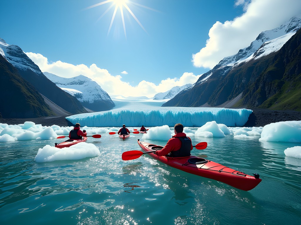 Sea kayakers navigating through ice floes near massive glacier in Kenai Fjords