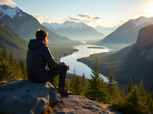 Man sitting in meditation pose overlooking vast Kenai wilderness landscape at sunrise
