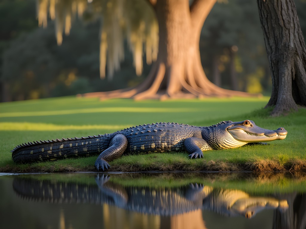 Large American alligator basking in morning sun beside Kiawah Island pond with cypress trees