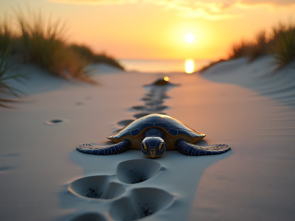 Fresh loggerhead turtle tracks on Kiawah beach at dawn with Atlantic Ocean in background