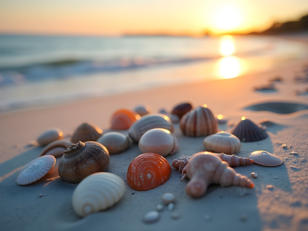 Woman examining seashell collection on Kiawah Island beach at sunrise with Atlantic Ocean waves in background
