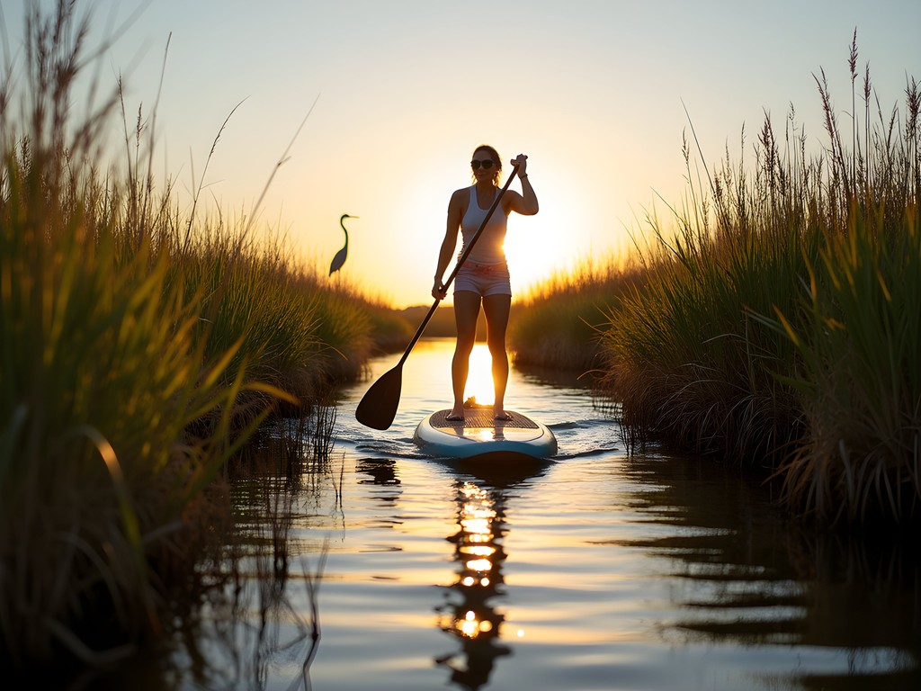 Woman on stand-up paddleboard navigating narrow salt marsh creek on Kiawah Island with herons nearby