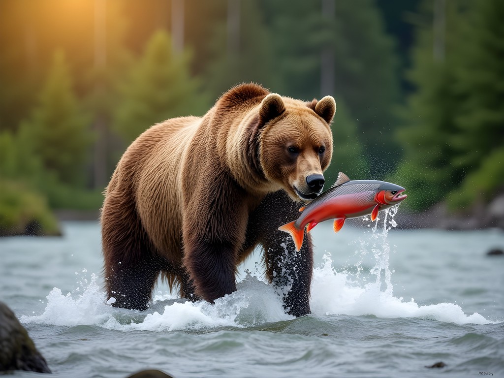Massive Kodiak brown bear catching salmon in rushing stream