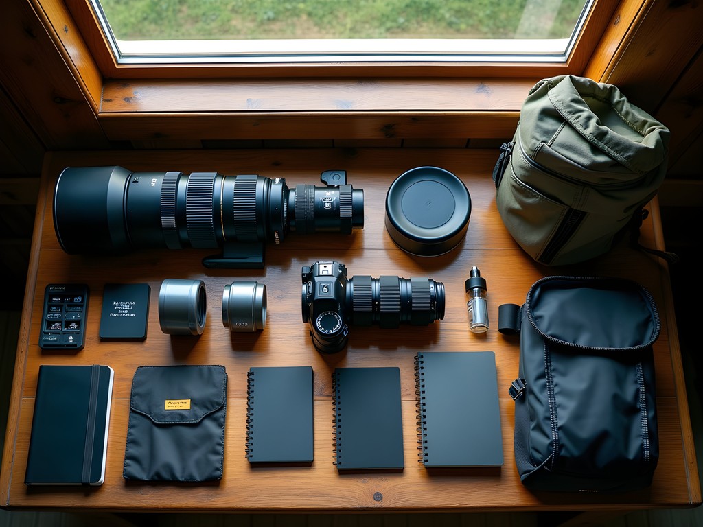 Photography gear laid out for Kodiak bear expedition