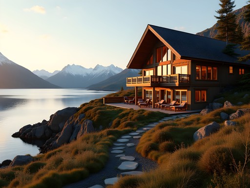 Exclusive wilderness lodge overlooking Kodiak bay with mountains in background