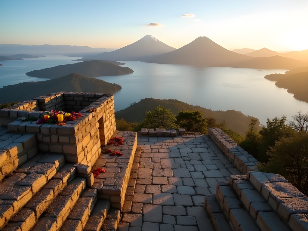 Ancient Maya ruins at summit of Cerro de Oro hill with panoramic view of Lake Atitlan