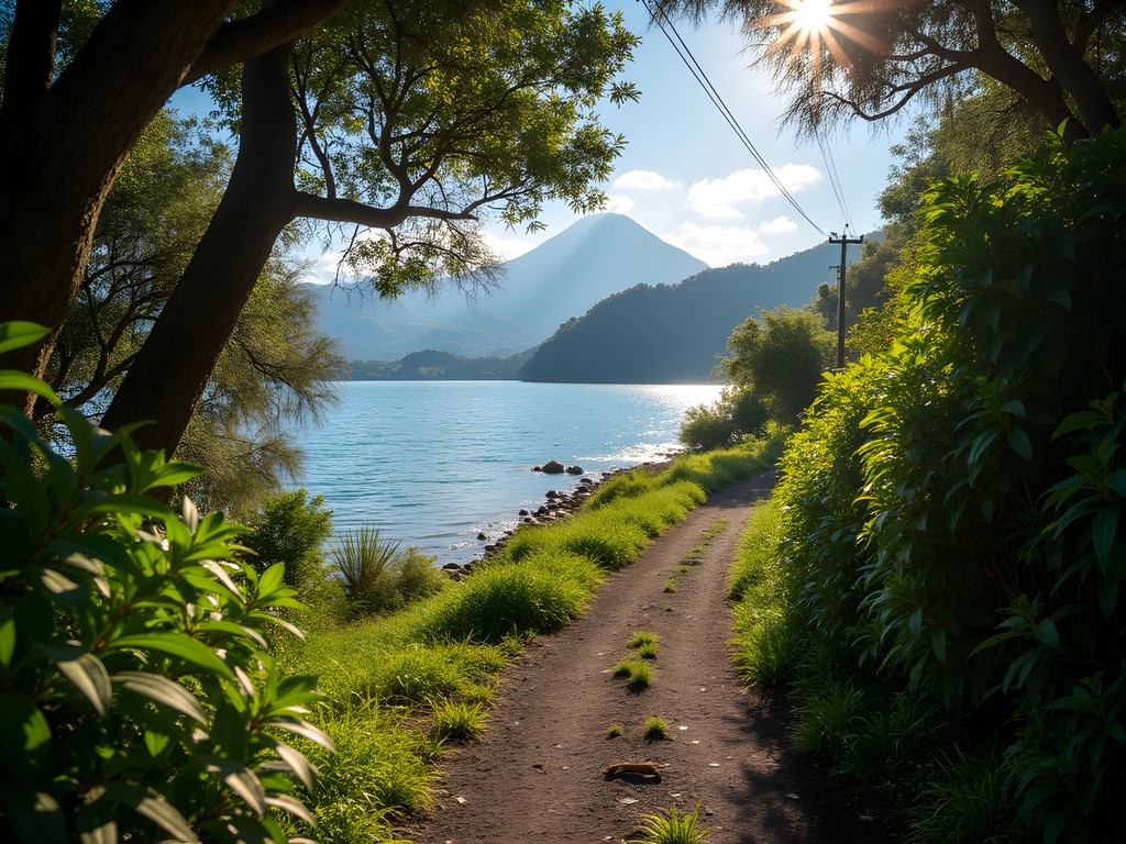 Scenic lakeside path between Jaibalito and Santa Cruz villages with volcanoes in background