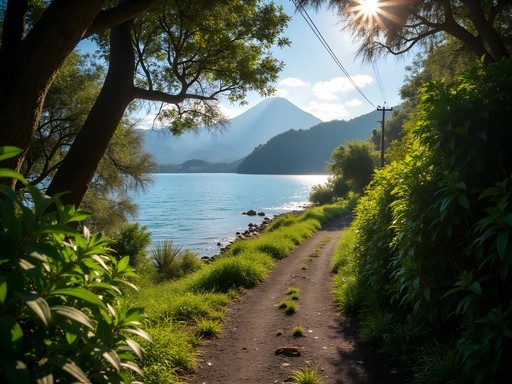 Scenic lakeside path between Jaibalito and Santa Cruz villages with volcanoes in background