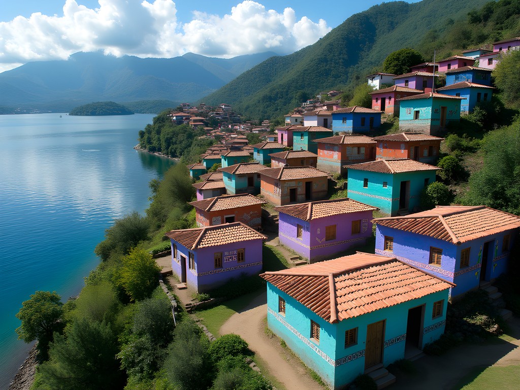 Colorful painted houses of Santa Catarina Palopó village with Lake Atitlan in background