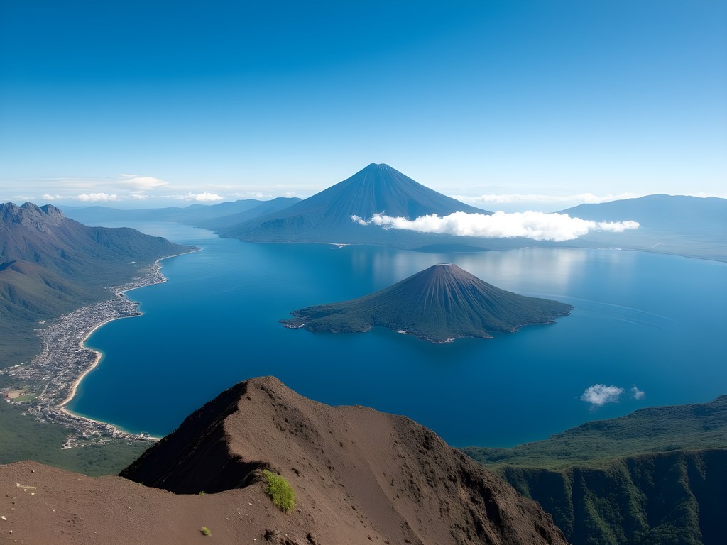 Panoramic view from the summit of Volcano San Pedro overlooking Lake Atitlan