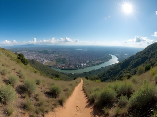 Panoramic view from hiking trail on Cerro Lambaré showing the Paraguay River and cityscape