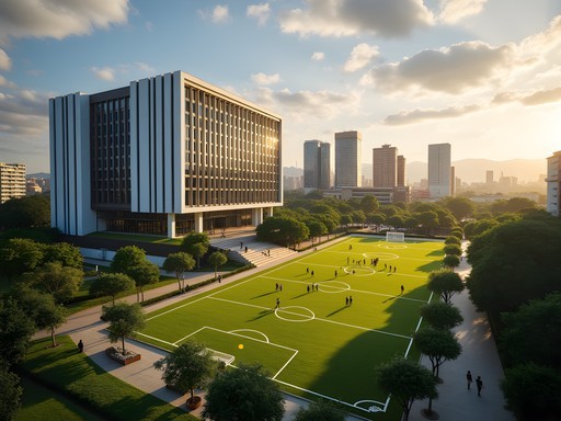 Students playing casual football at the outdoor spaces of CONMEBOL Theme Park in Lambaré