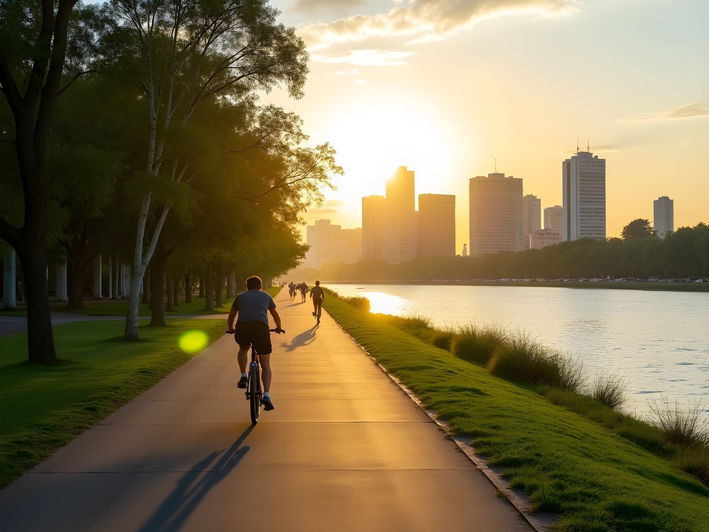 Scenic cycling path along Costanera riverside in Lambaré, Paraguay with city views