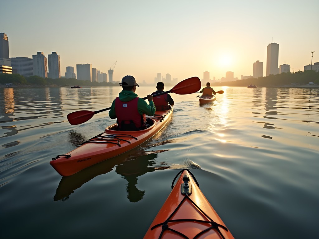 Kayakers on the Paraguay River with Lambaré cityscape in the background