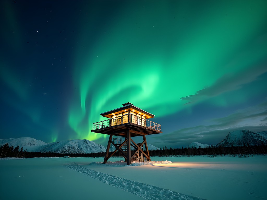 Northern lights dancing over Abisko Aurora Sky Station in Swedish Lapland