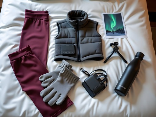 Luxury winter travel gear essentials for Swedish Lapland laid out on bed