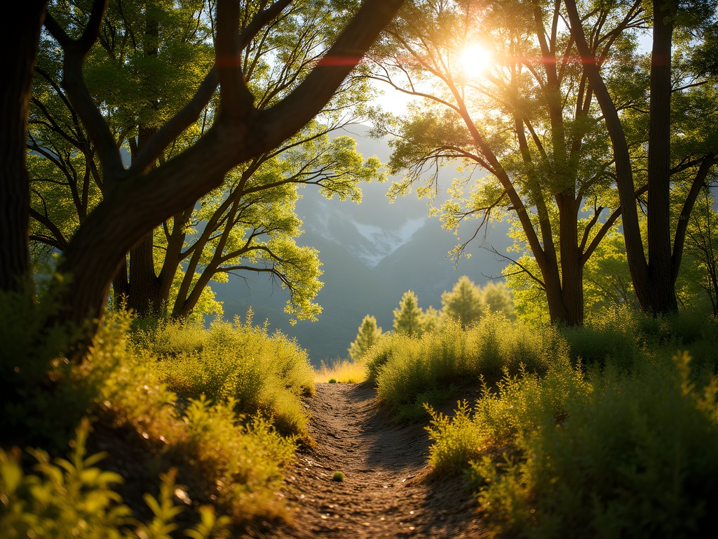 Sunlight filtering through Gambel oak woodland with Wasatch Mountains in background at East Mountain Wilderness Park
