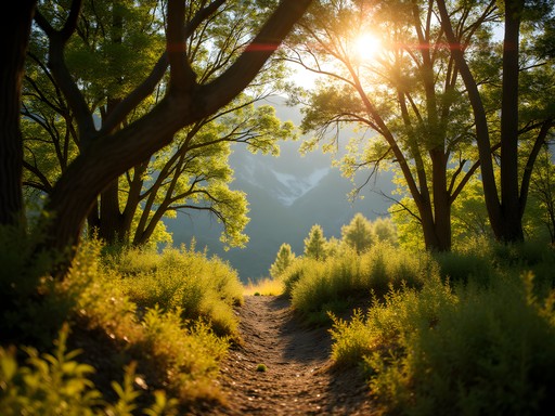 Sunlight filtering through Gambel oak woodland with Wasatch Mountains in background at East Mountain Wilderness Park