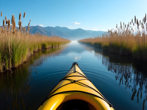 Kayaker navigating through cattail marshes with mountains in background at Great Salt Lake wetlands