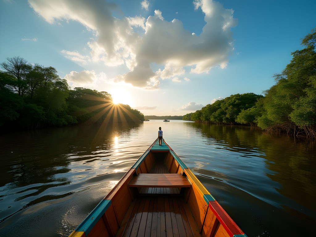 Traditional wooden boat navigating the Preguiças River with mangroves and sand dunes in the background