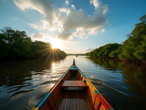 Traditional wooden boat navigating the Preguiças River with mangroves and sand dunes in the background