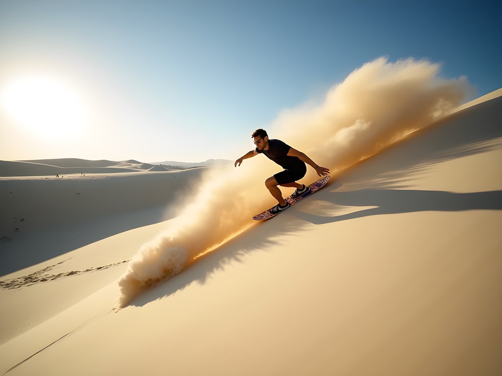 Person sandboarding down a steep white dune in Lençóis Maranhenses with dramatic shadows