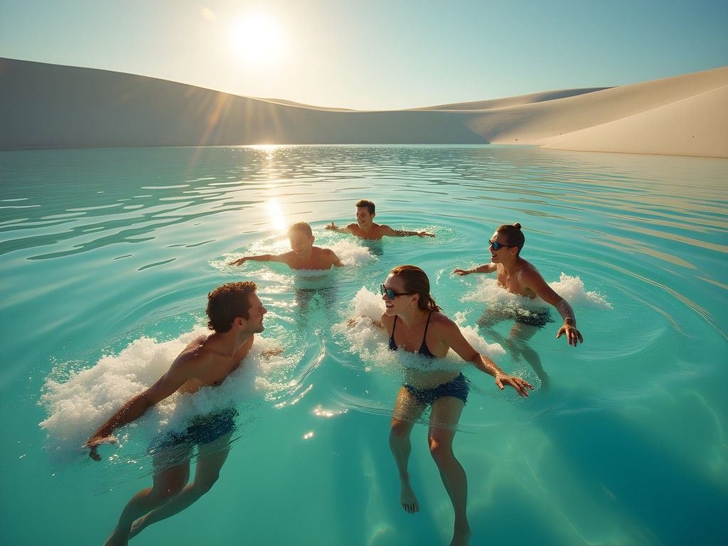 Group of friends swimming in a turquoise lagoon surrounded by white sand dunes at sunset in Lençóis Maranhenses