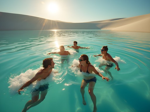 Group of friends swimming in a turquoise lagoon surrounded by white sand dunes at sunset in Lençóis Maranhenses