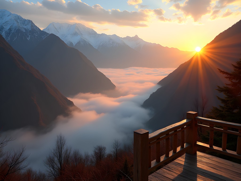 Sunrise view from halfway guesthouse terrace showing dramatic mountains of Tiger Leaping Gorge