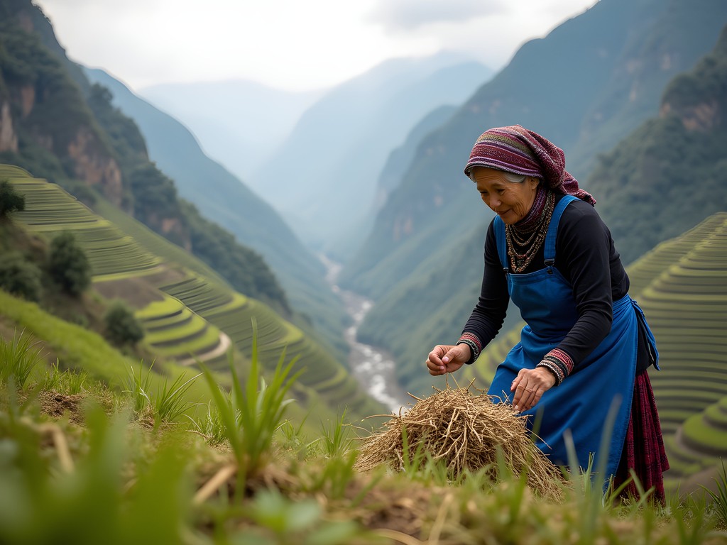 Elderly Naxi woman in traditional blue apron tending terraced fields along Tiger Leaping Gorge trail