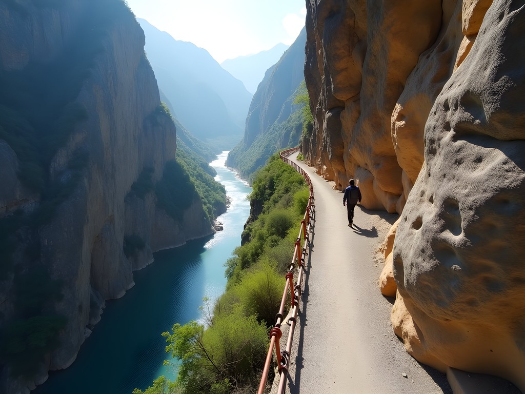 Narrow cliff-side path along Tiger Leaping Gorge with safety chains and dramatic drop-offs