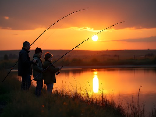 Group fishing at sunset on Branched Oak Lake near Lincoln Nebraska in autumn