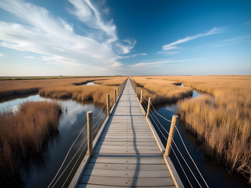 Wooden boardwalk crossing restored wetlands at Pioneer Park Nature Center in fall